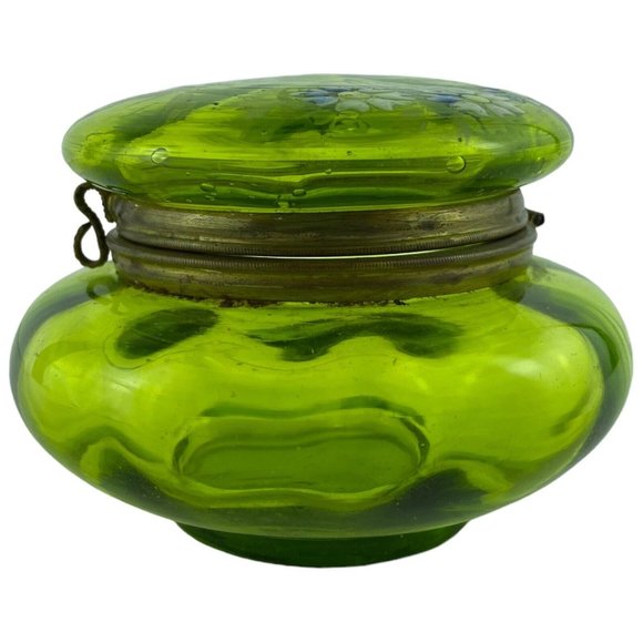 Victorian Green Glass Enamelled Dresser Box Powder Trinket Daisies - Picture 7 of 9